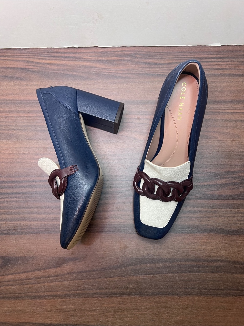 Cole Haan Navy, Cream & Brown Chain Block Heel Loafers